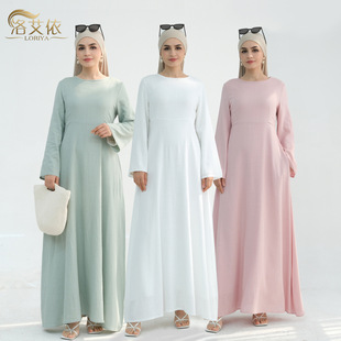 迪拜旅游纯色女士棉麻连衣裙收腰净色长袍传统简约风休闲马来服装