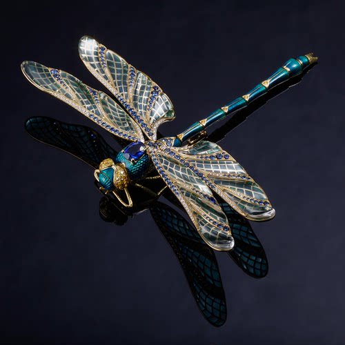 金石盟设计师系列原创设计奢华18K金天然蓝宝石钻石仿真蜻蜓胸针