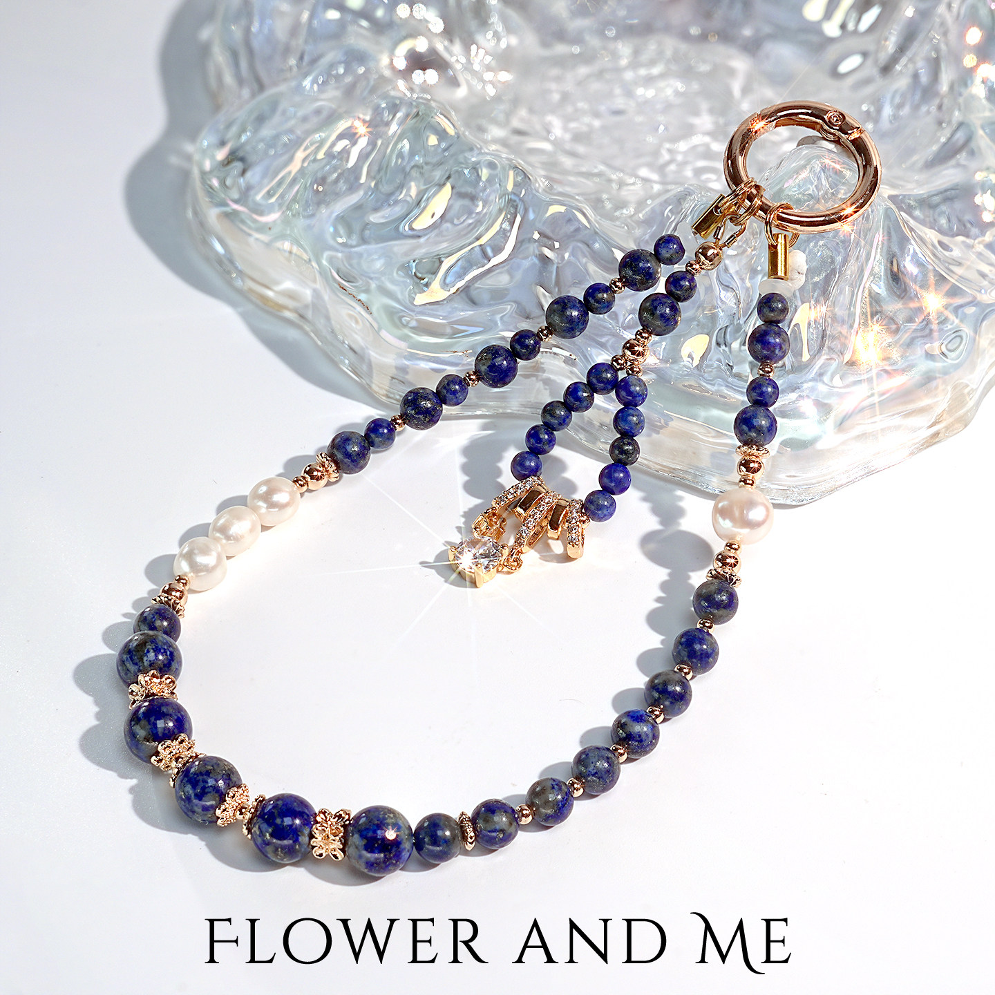 F&M天然青金石巴洛克珍珠14K镀金手机挂链高级知性美感手机挂绳