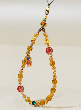 F&M 福财才兼备黄色切面水晶合金锆石精致招财运祈福钢绳手机挂链