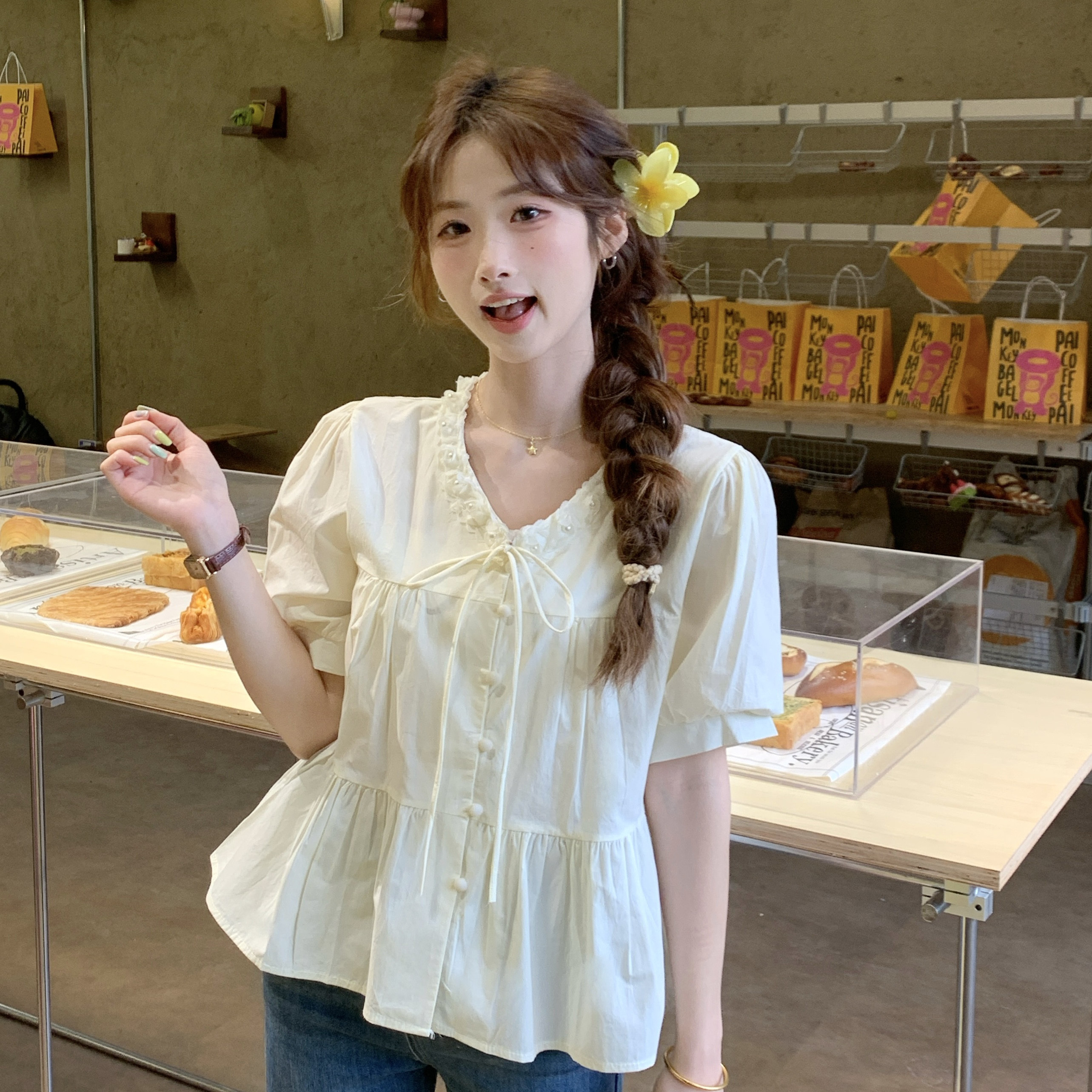 2025新款系带立体花朵短袖衬衫