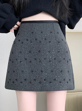 灰色亮片加厚毛呢波点半身裙女秋冬季高腰显瘦防走光a字包臀短裙