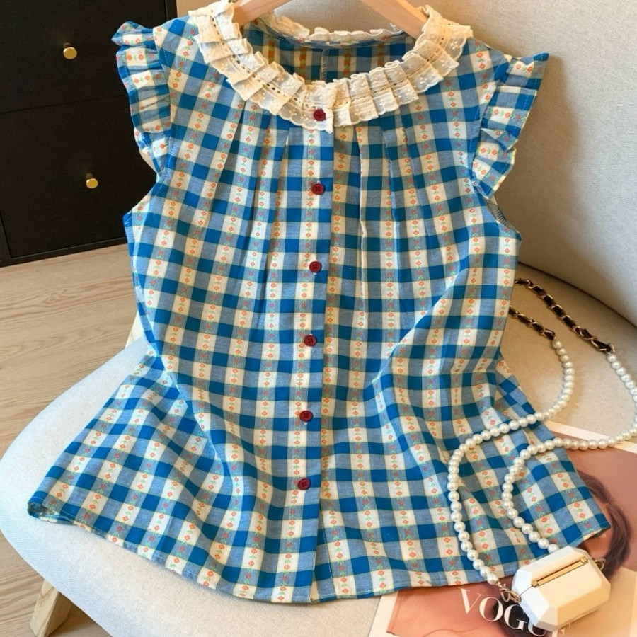 法式复古蕾丝拼接格子衬衫女夏季新款甜美减龄娃娃衫小飞袖上衣潮