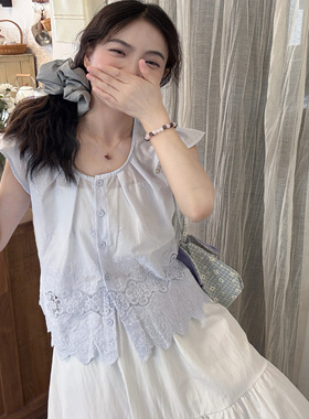 法式蓝色小飞袖衬衫女2025夏款设计感小众娃娃领别致绝美短袖上衣