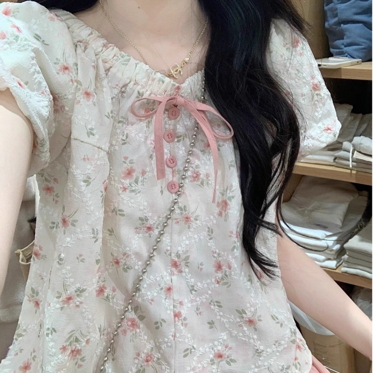 碎花衬衫高腰A字半身裙两件套女