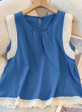 蓝色蕾丝拼接小飞袖背心衬衫女夏季法式复古独特绝美气质时尚小衫