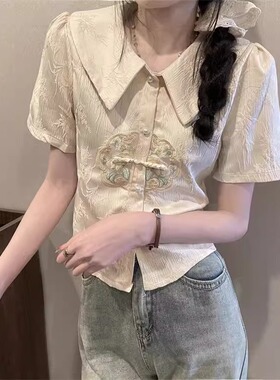 2025夏季新款甜美减龄娃娃领上衣女士设计感白色短袖衬衫女潮