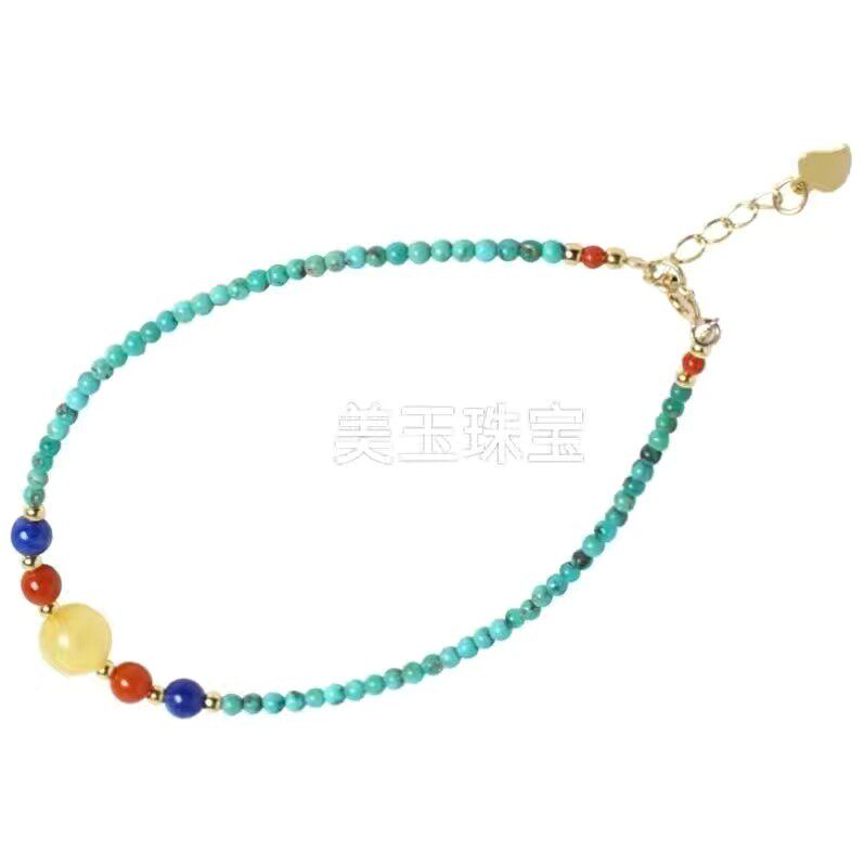 天然原矿高瓷绿松小手链搭配蜜蜡青金南红小米珠纤细款手链脚链