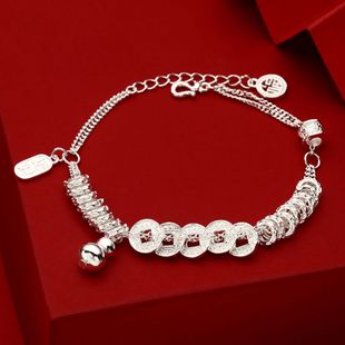 足银990盘缠手链新中式钱币吊葫芦招财纳福钱串子纯银手串珠女款