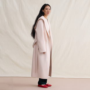 withwater象牙粉全手缝1oo%澳洲高支纯绵羊毛连帽双面大衣女长款