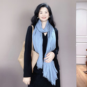 淡蓝色棉麻围巾女士2025新款 保暖文艺纯色围脖披肩 护颈春秋冬季