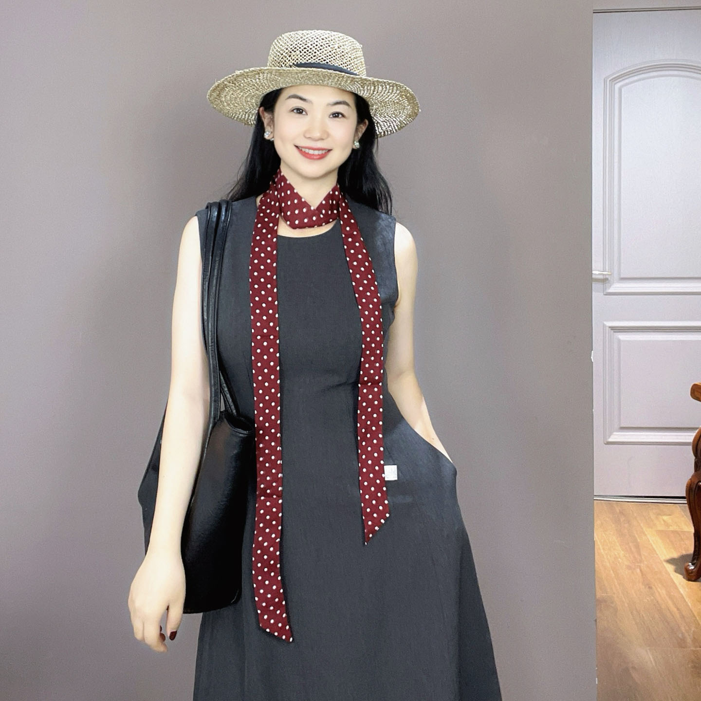 轻奢高级感！酒红色波点细窄长条真丝丝巾女系脖装饰飘带领巾腰带