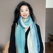 光彩夺目 围脖春秋披肩两用丝巾 浅蓝色渐变烫金棉麻围巾女冬季