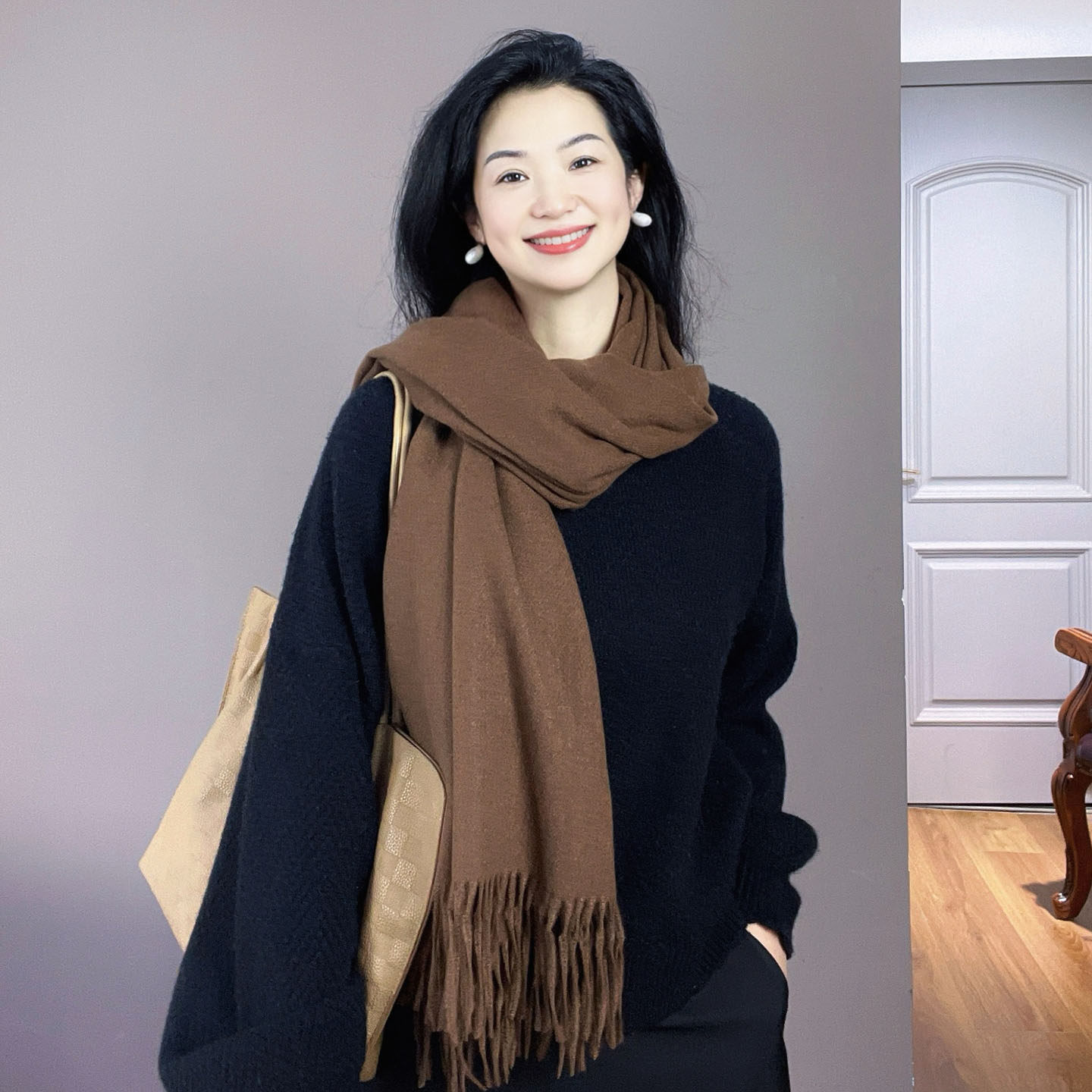 咖啡色仿羊绒围巾女冬季加厚保暖纯色百搭显白时尚洋气高级感围脖