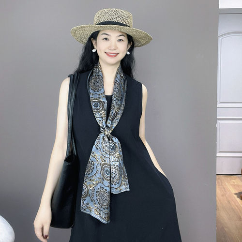 佩斯利老钱风蓝色真丝丝巾女长条轻奢高级感桑蚕丝双面领巾围巾