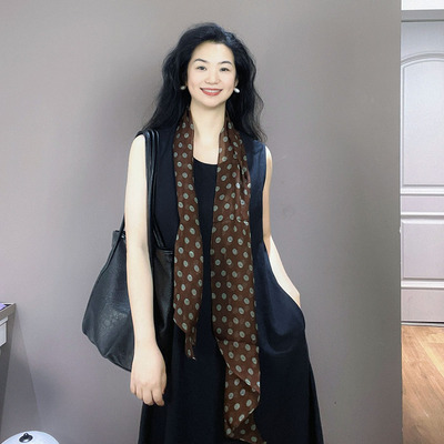 焦糖色波点100%真丝乔其纱丝巾女春夏季薄款长条护颈桑蚕丝小围巾