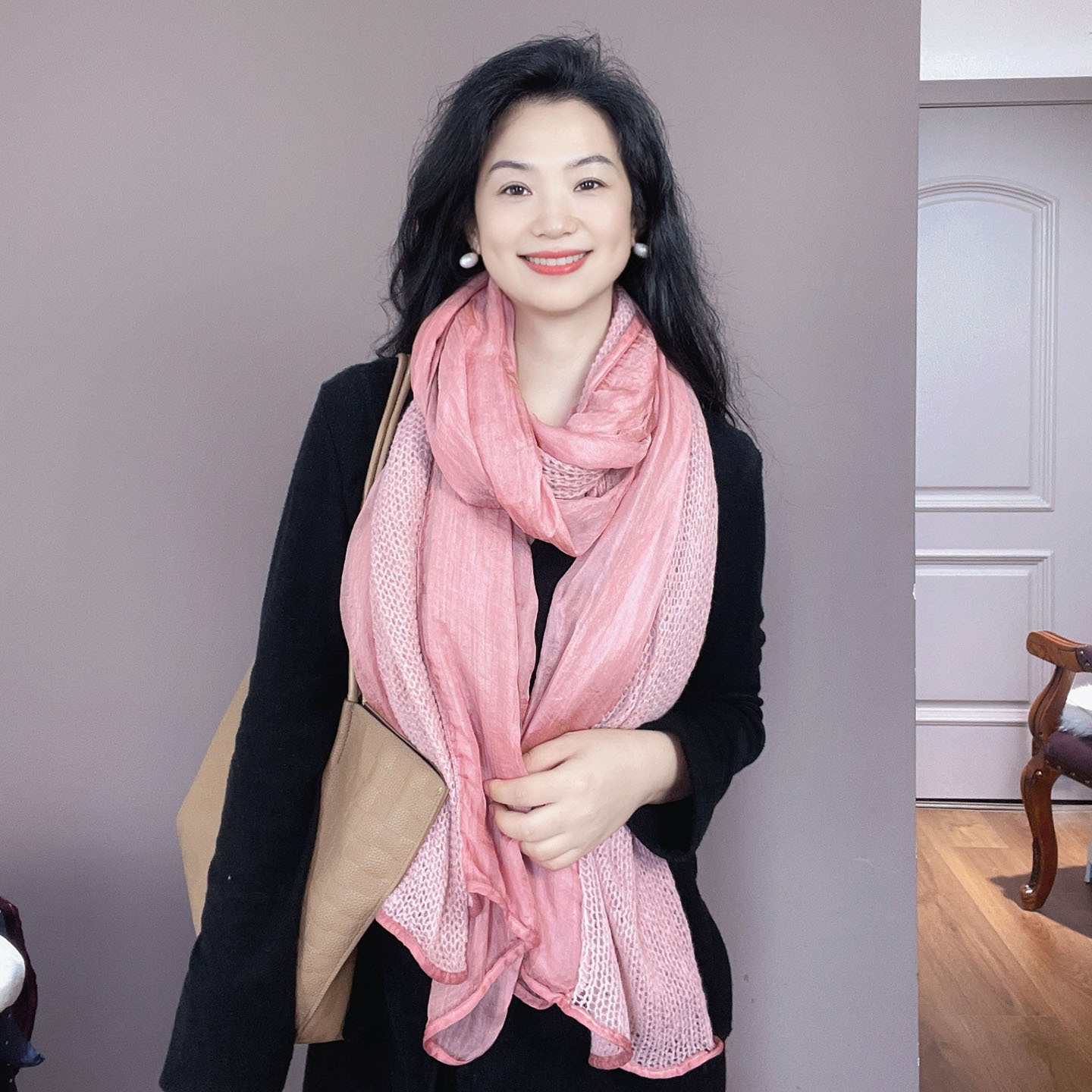 韩国出口!针织雪纺拼接围巾女冬季2025新款粉色保暖围脖披肩两用