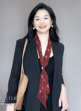 时髦洋气！酒红色腰果乔其纱长条100%真丝丝巾女春秋护颈领巾围巾