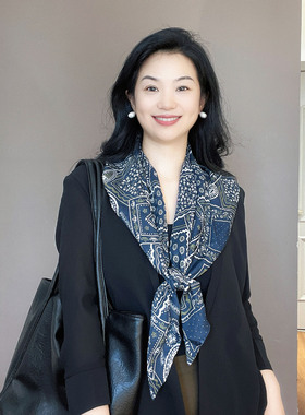 与众不同！藏蓝色碎花棉麻双层三角巾女春秋薄款文艺围脖丝巾披肩