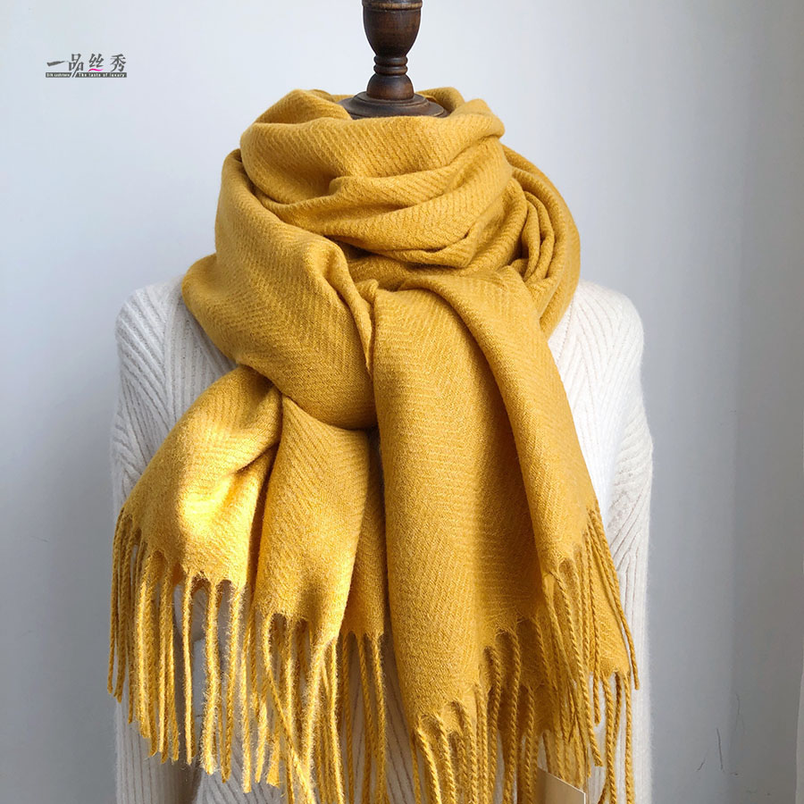 秋冬季加厚围巾女仿羊绒保暖姜黄色围脖韩版百搭纯色长款流苏披肩