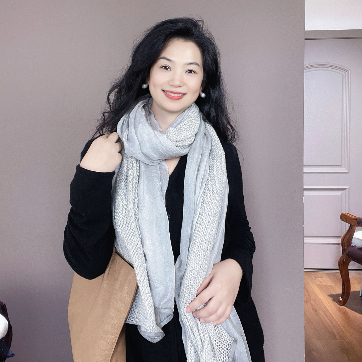 韩国出口原版!针织雪纺拼接围巾女冬季2025新款银灰色保暖围脖