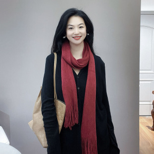 经典！酒红色针织围巾女士冬季2025新款纯色高级感细窄保暖小围脖