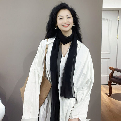 魅力出众！纯黑色真丝丝巾女2026新款系脖护颈小围巾长条时尚洋气