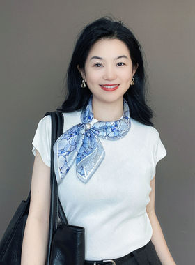 项链珍珠磁吸扣蓝色真丝丝巾小丝巾女100%桑蚕丝职业衬衣护颈领巾