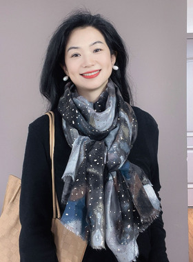 外贸围巾女士冬季高级感显白烫金灰黑色春秋棉麻保暖围脖披肩两用