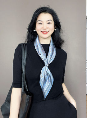 轻奢高级感！雾霾蓝色真丝丝巾女2026新款100%桑蚕丝65方巾领巾