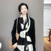 韩系护颈围脖气质披肩 时尚 高级感 黑米条纹棉麻围巾女春秋冬薄款