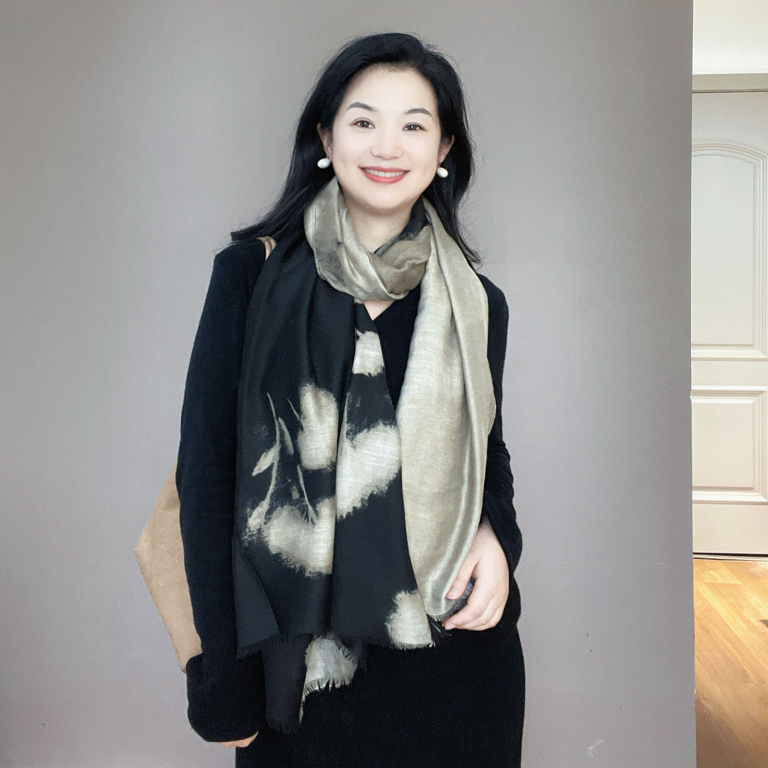 外贸黑色拼色水墨棉麻围巾女士2026新款春秋冬季韩版围脖两用披肩