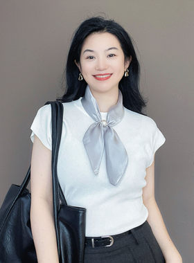 浅灰色项链珍珠磁吸扣真丝丝巾小丝巾女100%桑蚕丝护颈领巾围巾