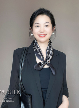 黑色字母真丝小方巾丝巾女2026新款气质100%桑蚕丝丝绸小领巾围巾