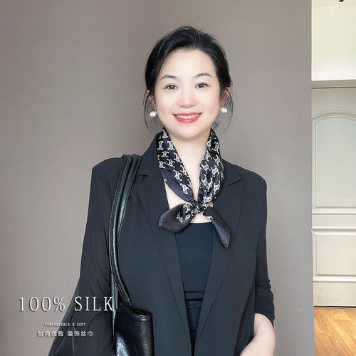 黑色字母真丝小方巾丝巾女2026新款气质100%桑蚕丝丝绸小领巾围巾