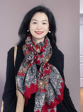 红色腰果图腾围巾女士冬季高级感显白春秋棉麻保暖围脖披肩两用
