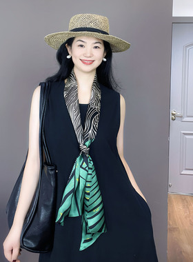 绿黑色花纹100%真丝长条丝巾女桑蚕丝轻奢高级感护颈围巾飘带领巾