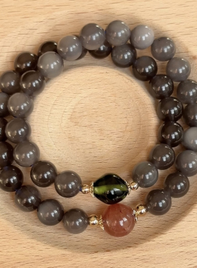 石头的日记  黑夜精灵神秘感天然黑月光琉璃珠红兔毛水晶双圈手串