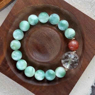 原创小众设计款天然绿海纹石幽灵水晶金草莓晶手串礼物女款