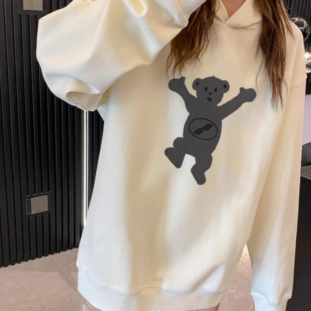 正品代购WE11DONE 植绒小熊连帽卫衣秋季潮流宽松长袖连帽衫