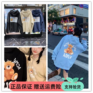 韩国ADLV经典泰迪熊字母及执照印花ins同款套头连帽卫衣