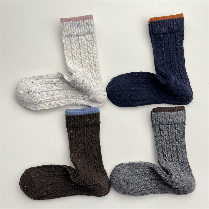秋冬撞色彩点纱加厚保暖羊毛中筒袜日系麻花纹堆堆袜纯色百搭