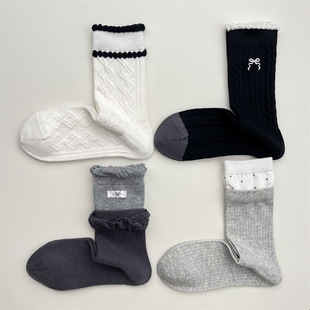 秋冬季 可爱蝴蝶结花边袜子女ins潮撞色双罗口中筒袜无骨棉袜 韩版