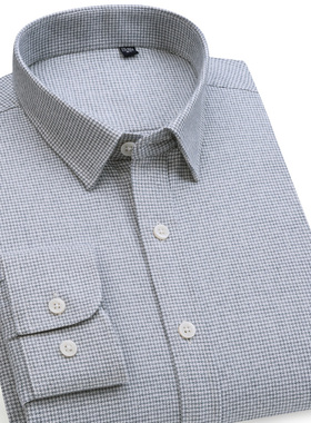 var高级感羊毛磨毛男士长袖衬衫灰色千鸟格法兰绒商务休闲爸爸装