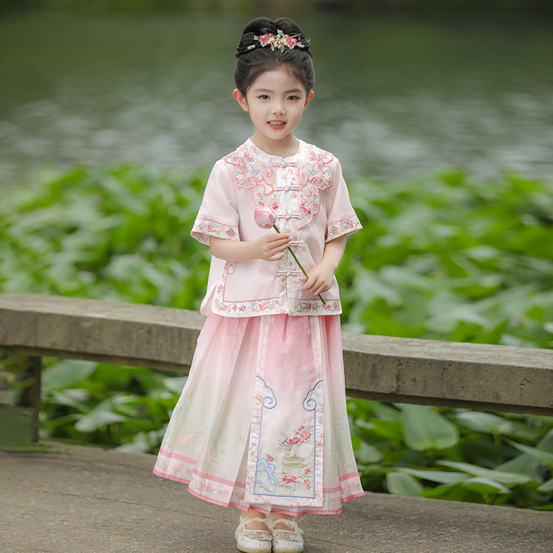汉服女童夏装女孩国风高端格格服宝宝轻薄短袖唐装儿童马面裙套装