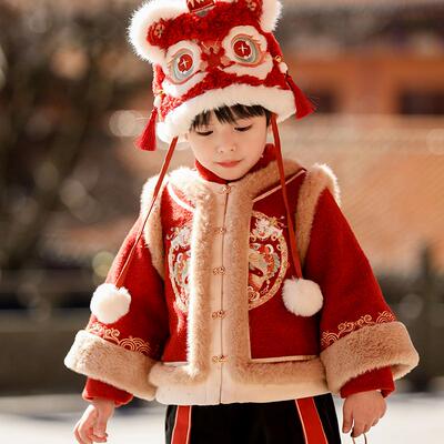 汉服男童冬装宝宝中国风红色套装男孩古装儿童过年喜庆拜年服唐装