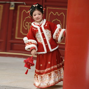 明制汉服女童冬装2025新款唐装女孩马面裙套装儿童国风过年拜年服