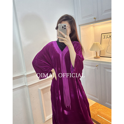 紫红色秋冬长袖丝绒连衣裙女装长款大码气质小众独特气质特别裙子