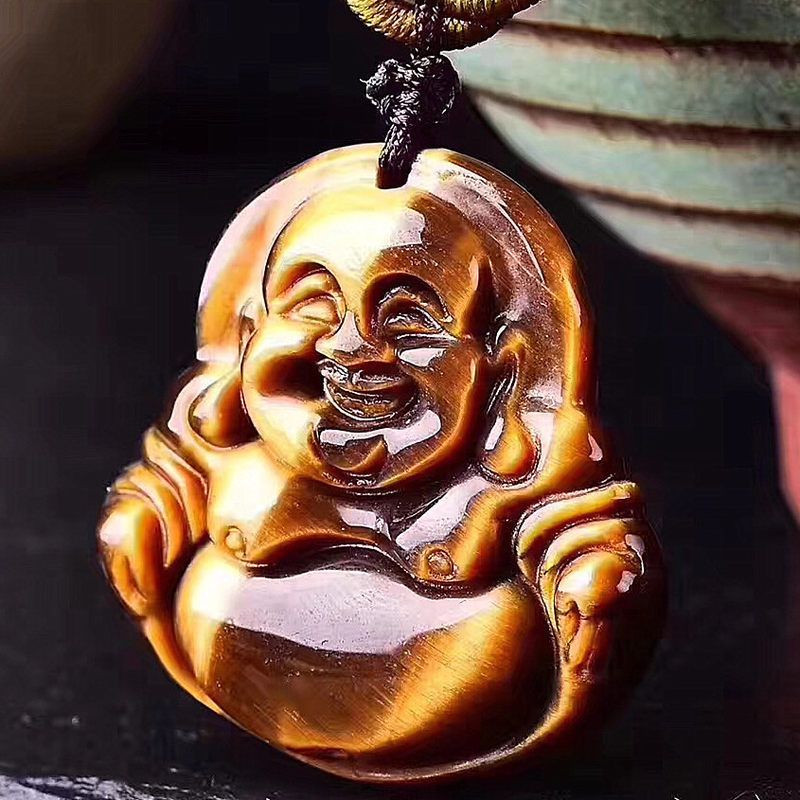 天然黄虎眼石弥勒佛笑佛吊坠 男女款虎睛石大肚佛挂坠批发