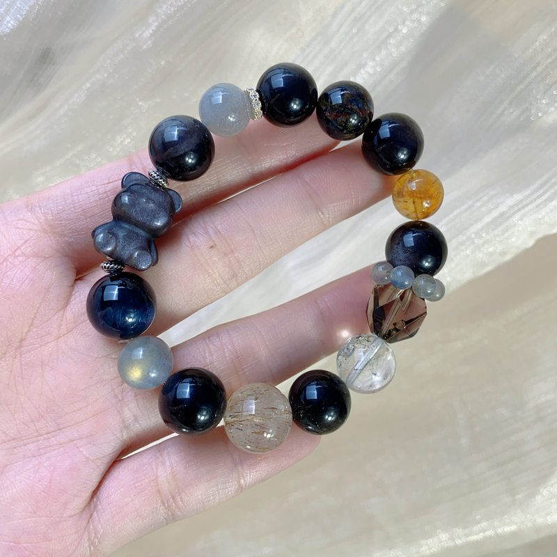 天然水晶搭蓝虎眼银曜石小熊油画蓝晶轻奢时尚简约女士手串WWK309